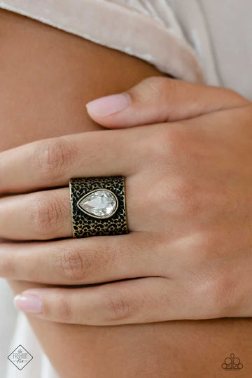 Paparazzi - Singed Shaped Frame White Gem - Brass Ring