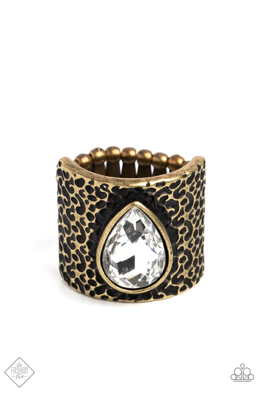 Paparazzi - Singed Shaped Frame White Gem - Brass Ring