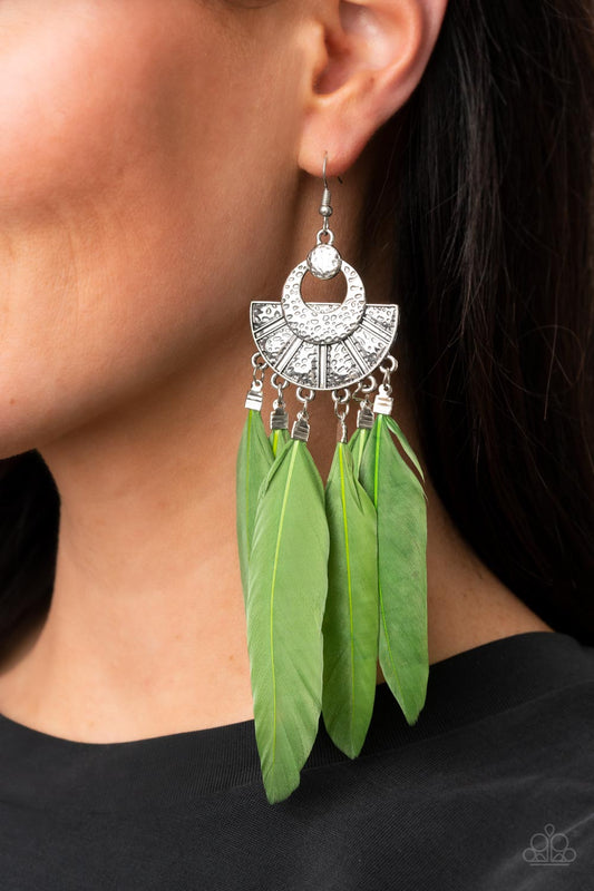 Paparazzi - Plume Paradise - Green Earrings  #1741