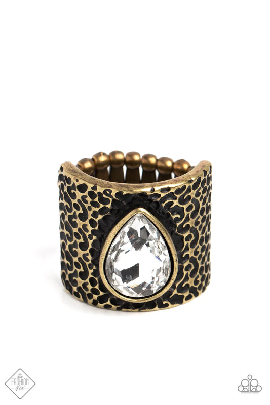 Paparazzi - Singed Shaped Frame White Gem - Brass Ring